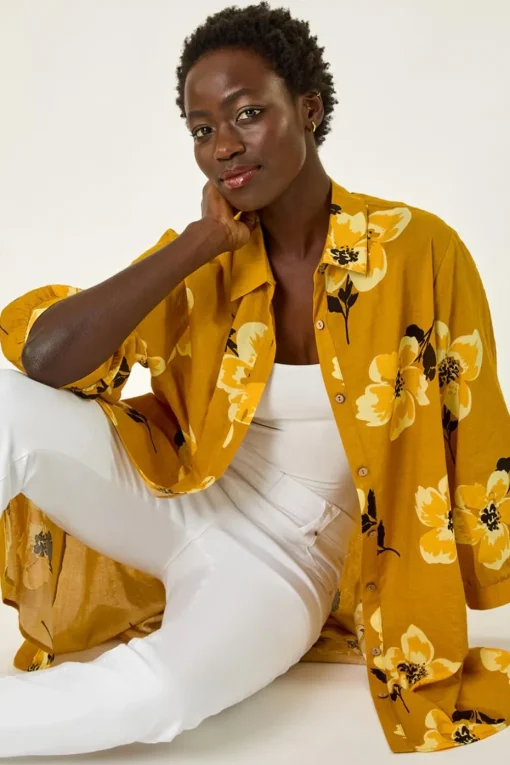 Roman Yellow Longline Floral Print Blouse