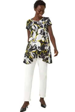 Roman Yellow Textured Floral Hanky Hem Top