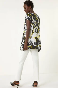 Roman Yellow Textured Floral Hanky Hem Top