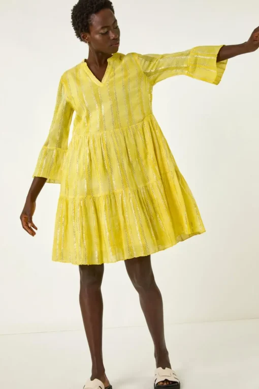 Roman Yellow Tie Dye Shimmer Smock Dress