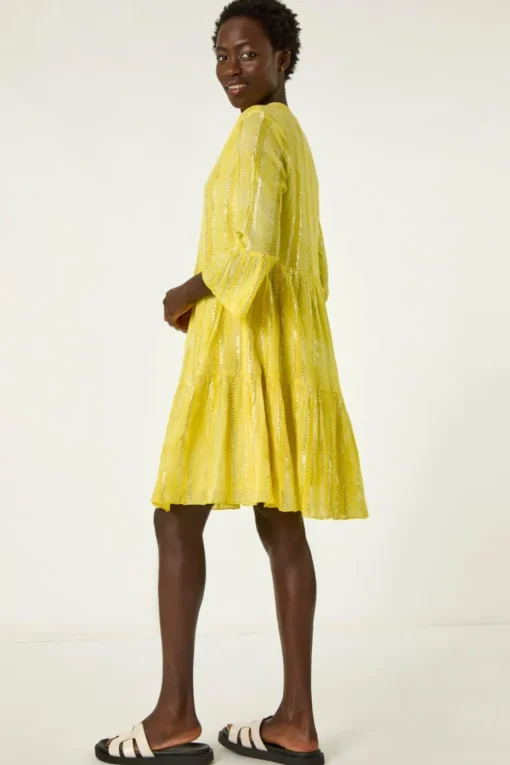 Roman Yellow Tie Dye Shimmer Smock Dress