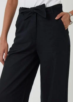 Threadbare Black Belted Linen Blend Wide Leg Trousers
