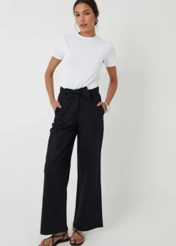 Threadbare Black Belted Linen Blend Wide Leg Trousers