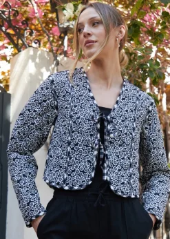 Threadbare Black Floral Tie Front Reversible Quilted Jacket
