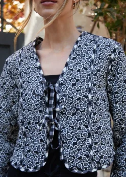 Threadbare Black Floral Tie Front Reversible Quilted Jacket