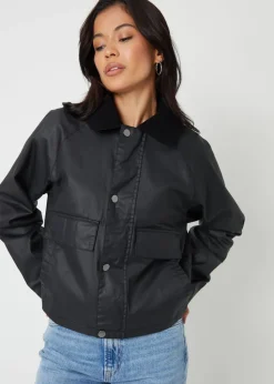 Threadbare Black Waxed Jacket with Concealed Hood