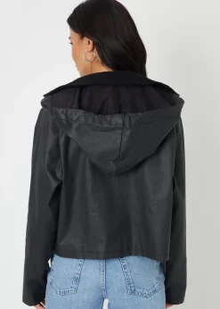Threadbare Black Waxed Jacket with Concealed Hood