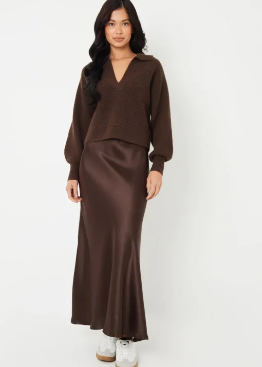 Threadbare Chocolate Ariel Satin Maxi Slip Skirt