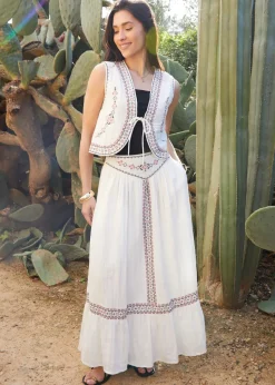 Threadbare Cream Embroidered Pull On Midi Skirt