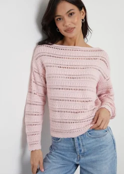 Threadbare Dusty Pink Slash Neck Pointelle Knit Jumper