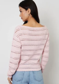 Threadbare Dusty Pink Slash Neck Pointelle Knit Jumper