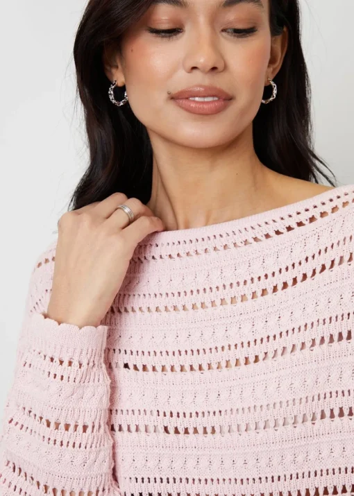 Threadbare Dusty Pink Slash Neck Pointelle Knit Jumper