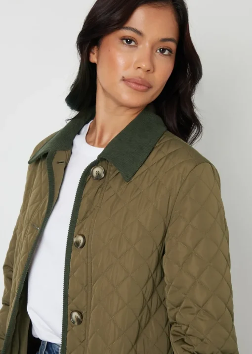 Threadbare Khaki Cord Collar Diamond Quilted Jacket