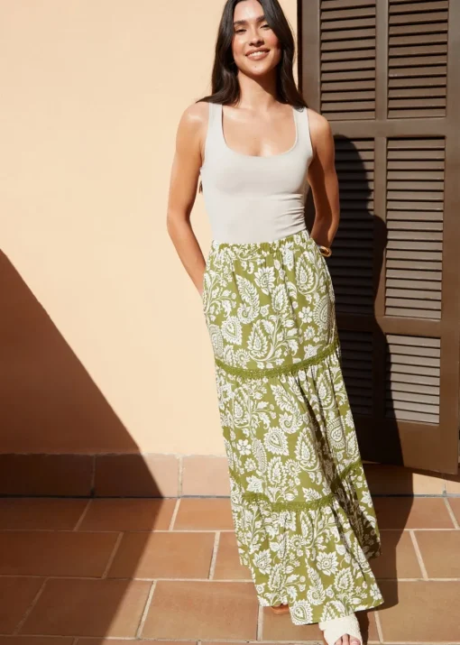 Threadbare Khaki Tiered Jersey Maxi Skirt