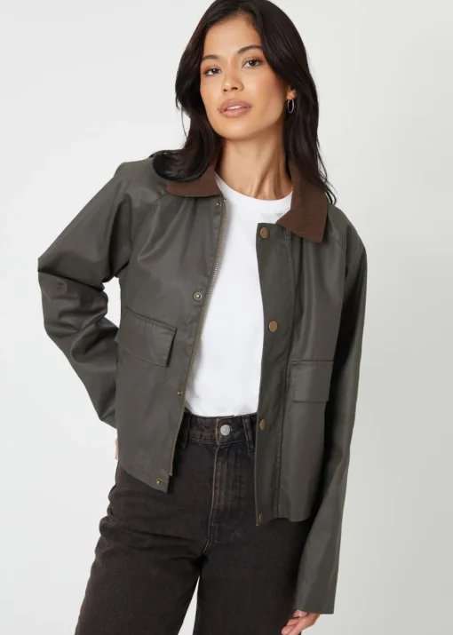 Threadbare Khaki Waxed Jacket with Concealed Hood