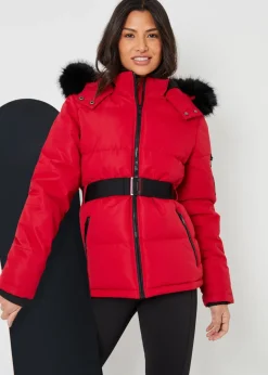 Threadbare Red Belted Padded Ski Jacket