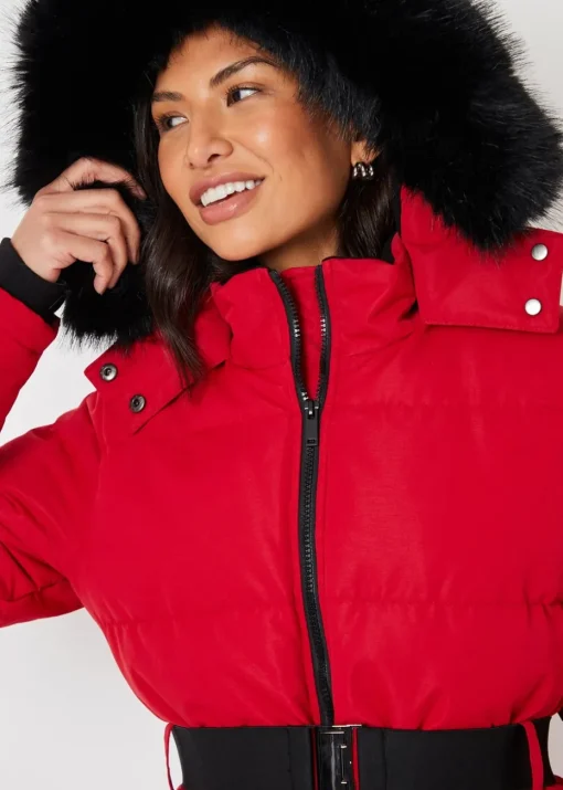 Threadbare Red Belted Padded Ski Jacket