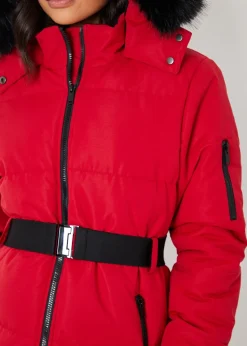 Threadbare Red Belted Padded Ski Jacket