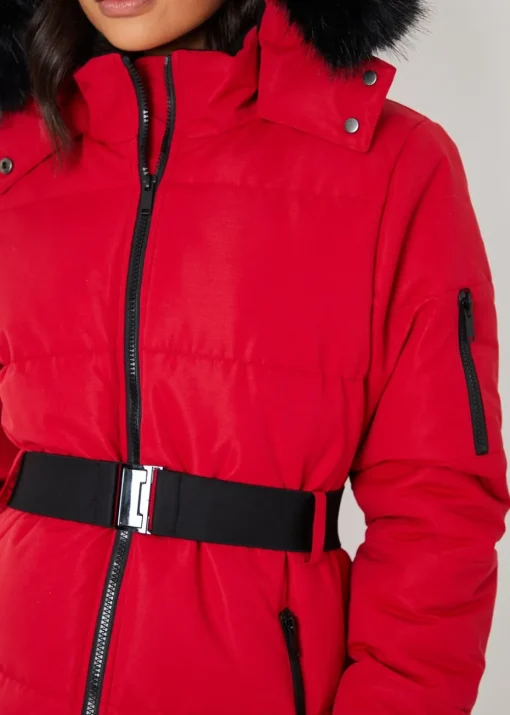 Threadbare Red Belted Padded Ski Jacket