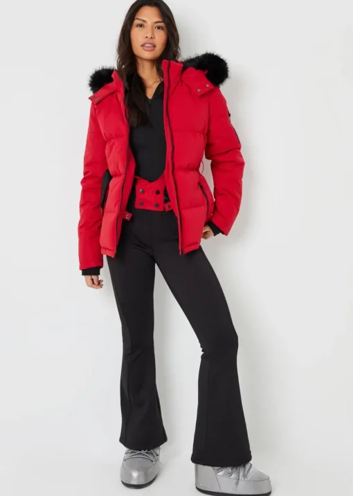 Threadbare Red Belted Padded Ski Jacket