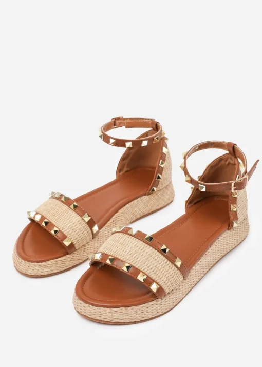 Where's That From Tan PU Aviva Studded Gladiator Espadrille Flatform