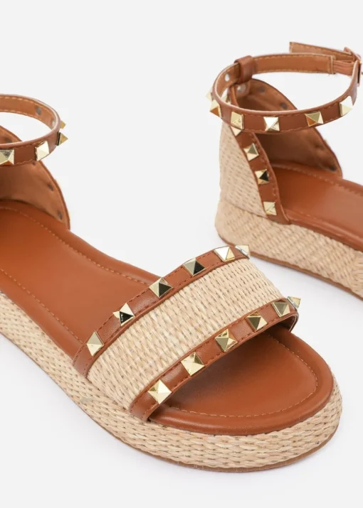 Where's That From Tan PU Aviva Studded Gladiator Espadrille Flatform