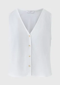 White Linen Blend Button Up Vest Top