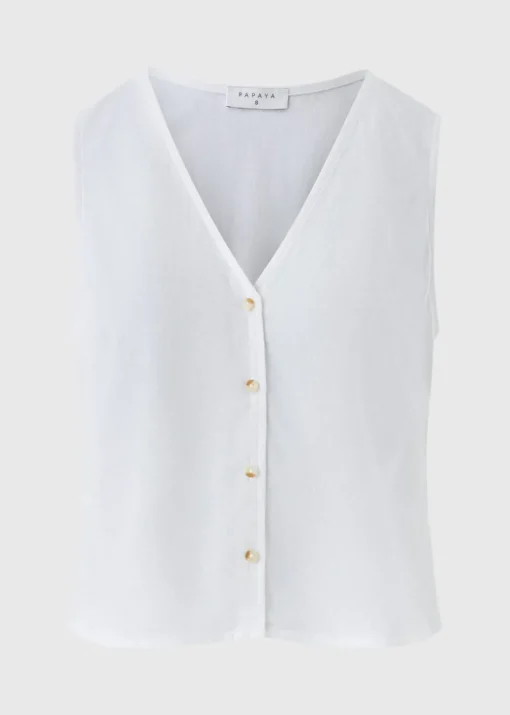 White Linen Blend Button Up Vest Top