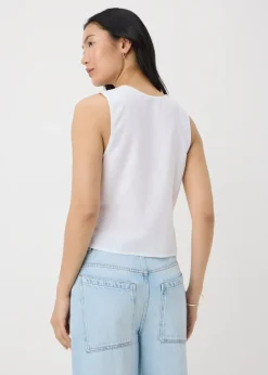 White Linen Blend Button Up Vest Top