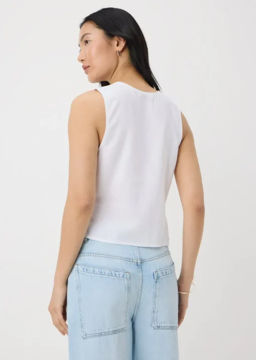 White Linen Blend Button Up Vest Top
