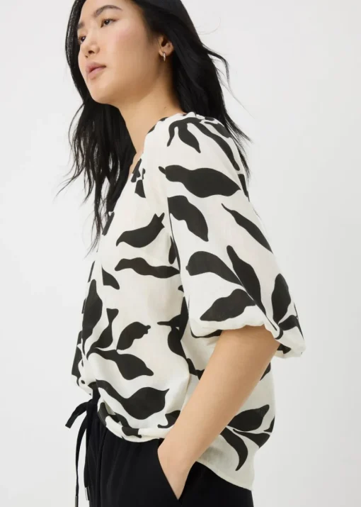 White Monochrome Leaf Tea Blouse