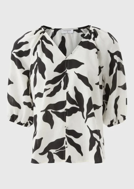 White Monochrome Leaf Tea Blouse