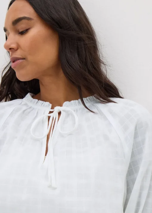 White Textured Tie Neck Blouse