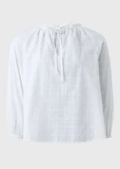 White Textured Tie Neck Blouse
