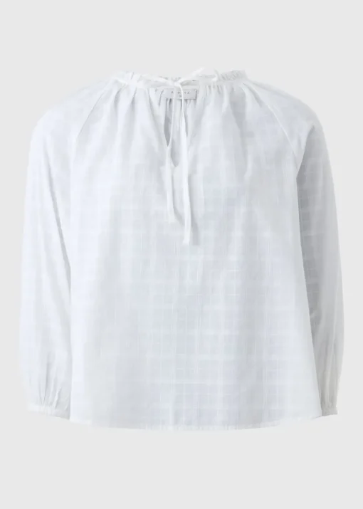 White Textured Tie Neck Blouse