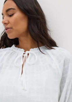 White Textured Tie Neck Blouse