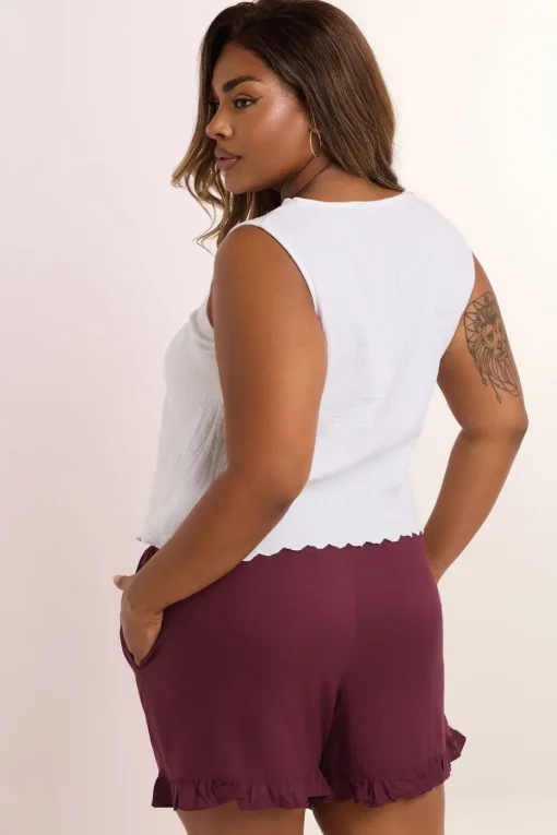 Yours Curve Berry Red Beaded Frill Hem Shorts