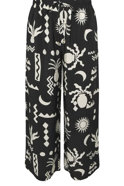 Yours Curve Black Abstract Print Twill Wide Leg Trousers