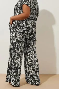 Yours Curve Black Abstract Print Plisse Wide Leg Trousers