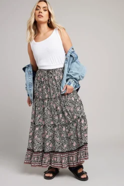 Yours Curve Black & White Floral Print Tiered Maxi Skirt
