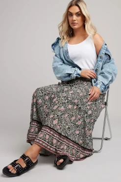 Yours Curve Black & White Floral Print Tiered Maxi Skirt