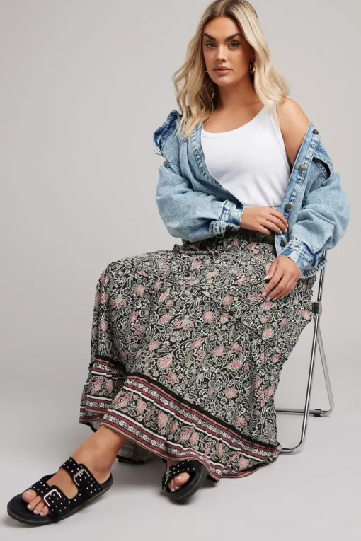 Yours Curve Black & White Floral Print Tiered Maxi Skirt