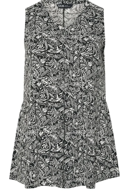 Yours Curve Black & White Floral Pleat Front Vest Top