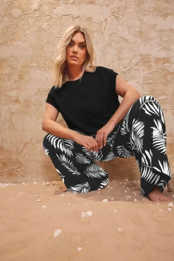 Yours Curve Black & White Palm Print Crinkle Wide Leg Trousers
