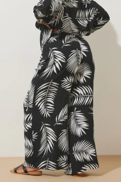 Yours Curve Black & White Palm Print Crinkle Wide Leg Trousers