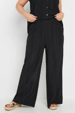 Yours Curve Black Broderie Anglaise Wide Leg Trousers