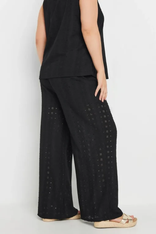 Yours Curve Black Broderie Anglaise Wide Leg Trousers