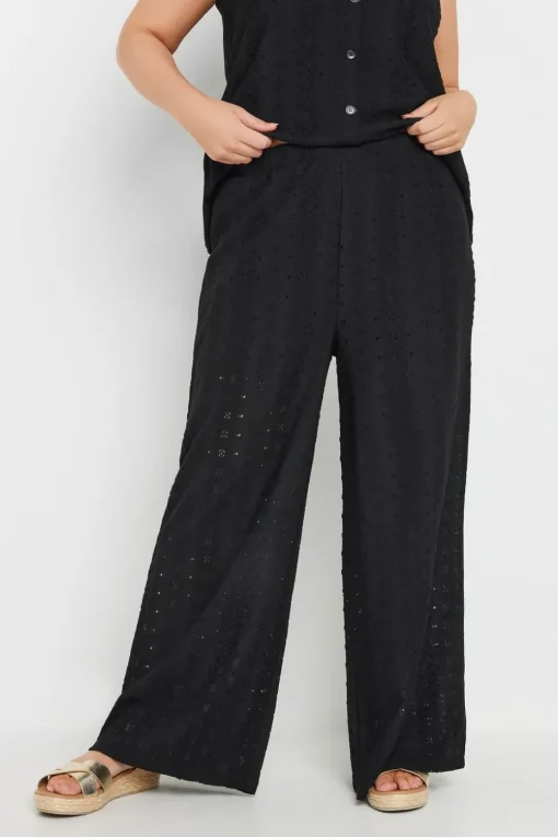 Yours Curve Black Broderie Anglaise Wide Leg Trousers