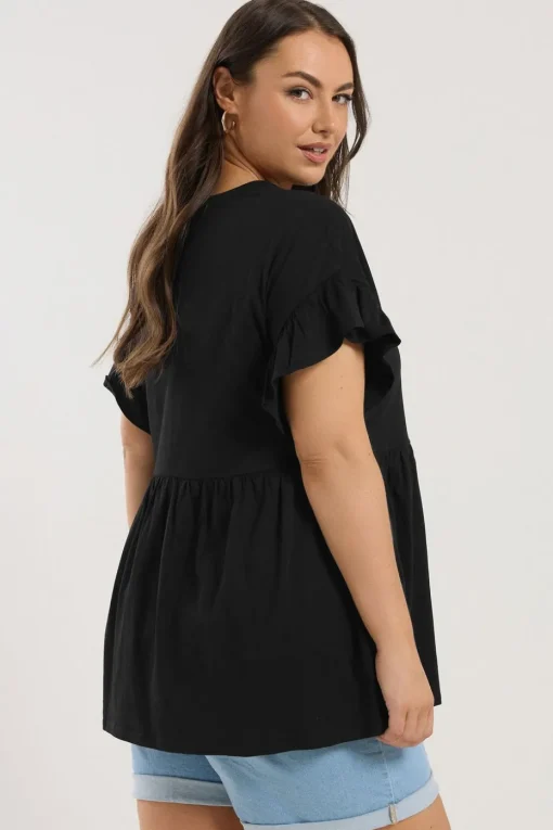Yours Curve Black Button Frill Sleeve Peplum Top