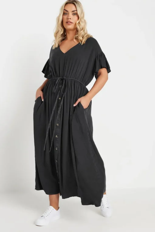 Yours Curve Black Button Chambray Maxi Dress